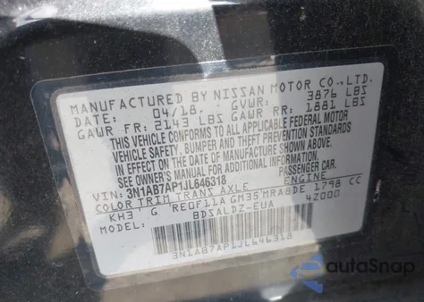 2018 Nissan Sentra Sv z USA, uszkodzony, nr VIN 3N1AB7AP1JL646318